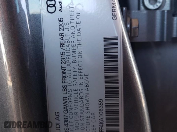 2019 Audi A3 Sedan Premium with VIN WAUAUGFF4KA106359, listed as a Copart auction lot 49888263 with 72,440 mi miles. Bid and sale history available at carsss.com. Image 13.