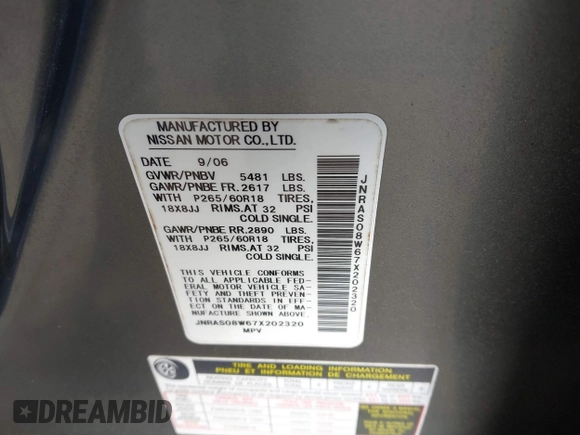 2007 Infiniti FX with VIN JNRAS08W67X202320, listed as a IAAI auction lot 42219261 with 203,706 mi miles and . Bid and sale history available at DreamBid. Image 9.