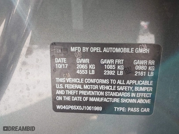 2018 Buick Regal Sportback Essence with VIN W04GP6SX0J1061989, listed as a IAAI auction lot 41640164 with NaN miles. Bid and sale history available at carsss.com. Image 9.