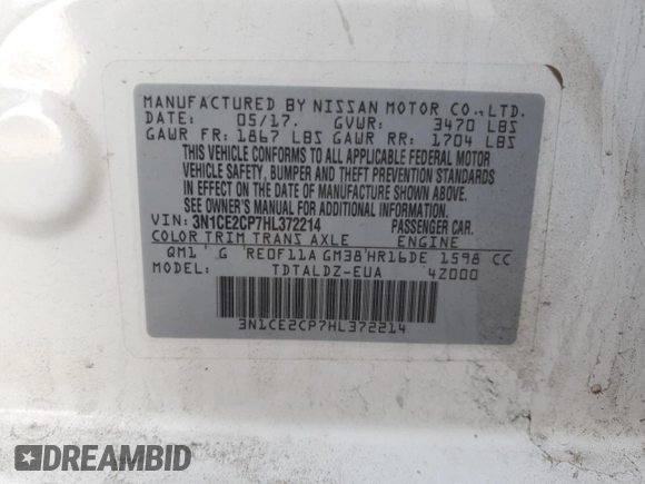 2017 Nissan Note S Plus z VIN 3N1CE2CP7HL372214, wystawiony jako Copart lot #54261775 z przebiegiem 76 593 mil mil oraz Szkoda całkowita • Salvage title. Historia ofert i sprzedaży dostępna na DreamBid. Obrazek 12.