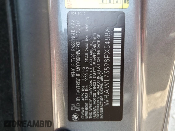 2008 BMW 3 Series 335i with VIN WBAWL73598PX54886, listed as a Copart auction lot 59329985 with 136,337 mi miles and Salvage title. Bid and sale history available at DreamBid. Image 12.