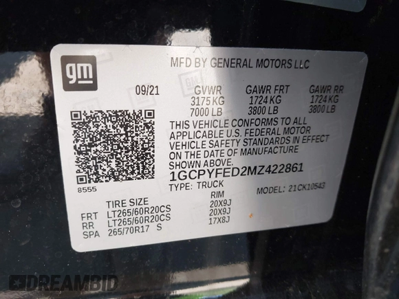 2021 Chevrolet Silverado 1500 LT Trail Boss with VIN 1GCPYFED2MZ422861, listed as a IAAI auction lot 41784383 with 53,167 mi miles and . Bid and sale history available at DreamBid. Image 9.