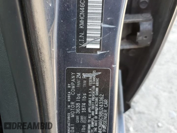 2008 Hyundai Accent GLS with VIN KMHCN46C98U243362, listed as a Copart auction lot 53572565 with 192,980 mi miles and Salvage title. Bid and sale history available at DreamBid. Image 13.