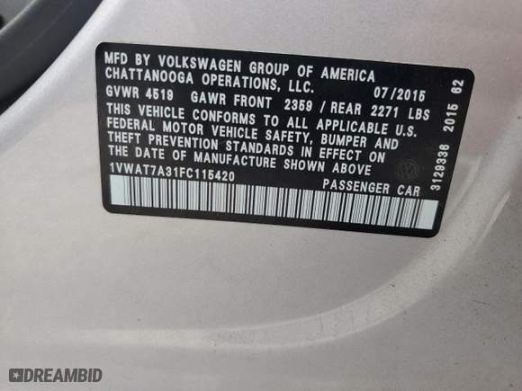 2015 Volkswagen Passat 1.8T Limited Edition with VIN 1VWAT7A31FC115420, listed as a Copart auction lot 48916295 with 111,166 mi miles and Salvage Title. Bid and sale history available at carsss.com. Image 14.