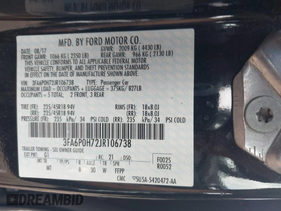 2018 Ford Fusion SE with VIN 3FA6P0H72JR106738, listed as a IAAI auction lot 40715655 with 144,801 mi miles. Bid and sale history available at carsss.com. Image 9.