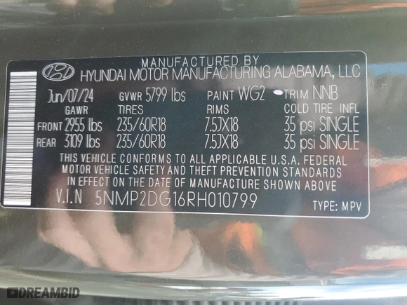 2024 Hyundai Santa Fe Hybrid SEL with VIN 5NMP2DG16RH010799, listed as a Copart auction lot 74345584 with NaN miles and Salvage Title. Bid and sale history available at carsss.com. Image 13.