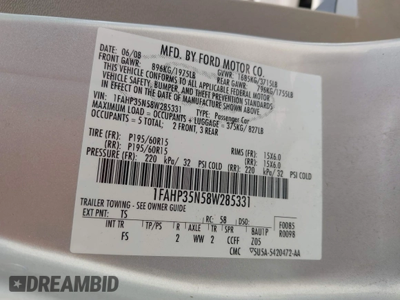 2008 Ford Focus SE with VIN 1FAHP35N58W285331, listed as a IAAI auction lot 42750470 with 190,517 mi miles and . Bid and sale history available at DreamBid. Image 9.