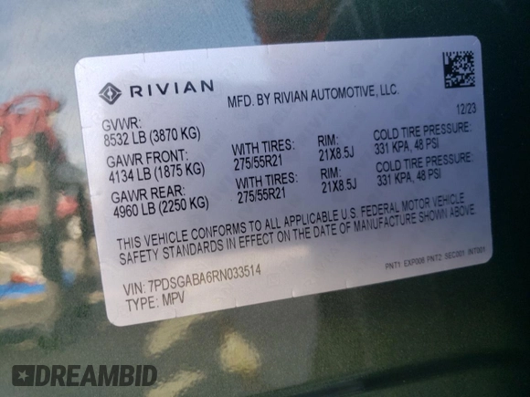 2024 Rivian R1S Adventure z VIN 7PDSGABA6RN033514, wystawiony jako Copart lot #89296455 z przebiegiem Nie podano mil oraz Szkody całkowita. Historia ofert i sprzedaży dostępna na DreamBid. Obrazek 15.