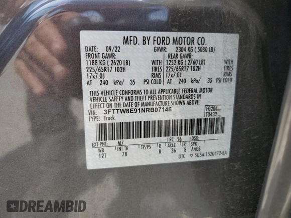 2022 Ford Maverick XL z VIN 3FTTW8E91NRB07146, wystawiony jako Copart lot #54366835 z przebiegiem 23 309 mil mil oraz Szkoda całkowita • Salvage title. Historia ofert i sprzedaży dostępna na DreamBid. Obrazek 12.