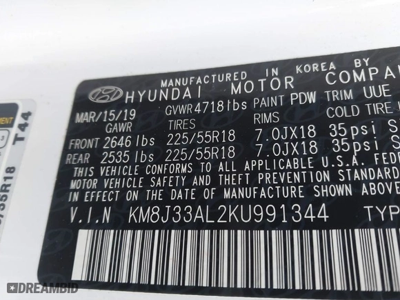 2019 Hyundai Tucson SEL with VIN KM8J33AL2KU991344, listed as a IAAI auction lot 41722608 with 56,185 mi miles. Bid and sale history available at carsss.com. Image 9.