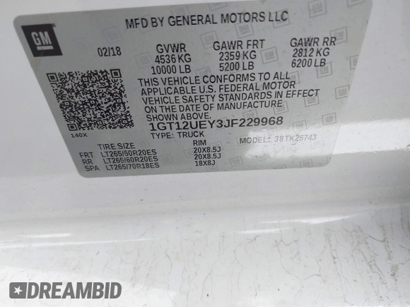 2018 GMC Sierra 2500HD Denali z VIN 1GT12UEY3JF229968, wystawiony jako IAAI lot #41679262 z przebiegiem 126 946 mil mil oraz . Historia ofert i sprzedaży dostępna na DreamBid. Obrazek 9.