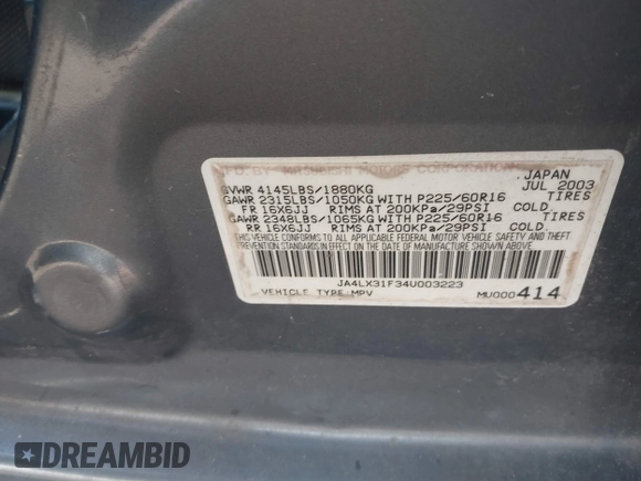 2004 Mitsubishi Outlander LS with VIN JA4LX31F344003223, listed as a IAAI auction lot 41614338 with 135,101 mi miles. Bid and sale history available at carsss.com. Image 9.