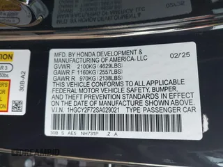 2025 Honda Accord Sport-L with VIN 1HGCY2F72SA029021, listed as a IAAI auction lot 42124355 with 3,768 mi miles and . Bid and sale history available at DreamBid. Image 9.