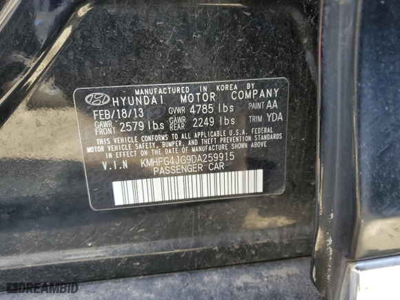 2013 Hyundai Azera with VIN KMHFG4JG9DA259915, listed as a Copart auction lot 42802445 with 127,332 mi miles and Clean Title. Bid and sale history available at carsss.com. Image 12.