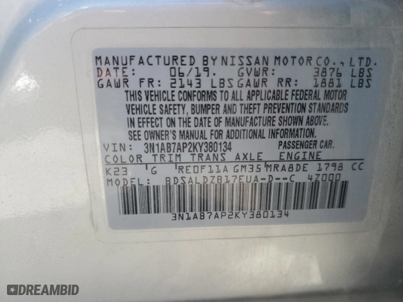 2019 Nissan Sentra S with VIN 3N1AB7AP2KY380134, listed as a Copart auction lot 50933674 with 145,487 mi miles and Salvage Title. Bid and sale history available at carsss.com. Image 12.