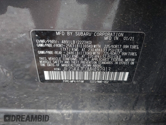 2021 Subaru Forester Premium with VIN JF2SKAJC0MH492913, listed as a IAAI auction lot 42709805 with 35,464 mi miles and . Bid and sale history available at DreamBid. Image 9.