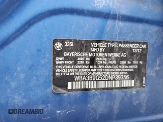 2013 BMW 3 Series 335i xDrive z VIN WBA3B9G52DNP39356, wystawiony jako Copart lot #43982145 z przebiegiem 87 026 mil mil oraz Szkoda całkowita • Salvage title. Historia ofert i sprzedaży dostępna na DreamBid. Obrazek 12.