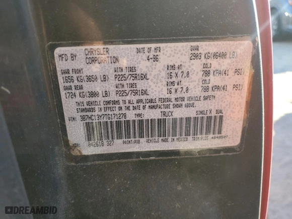 1996 Dodge Ram 1500 with VIN 3B7HC13Y7TG171278, listed as a Copart auction lot 41602065 with 115,897 mi miles and Clean Title. Bid and sale history available at carsss.com. Image 12.