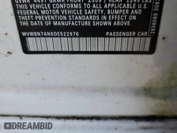 2013 Volkswagen CC Sport with VIN WVWBN7AN6DE522976, listed as a Copart auction lot 73211454 with 86,121 mi miles and Salvage Title. Bid and sale history available at carsss.com. Image 12.
