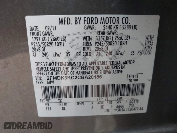 2012 Ford Edge Limited with VIN 2FMDK3KC2CBA20186, listed as a IAAI auction lot 41701823 with 216,027 mi miles. Bid and sale history available at carsss.com. Image 9.