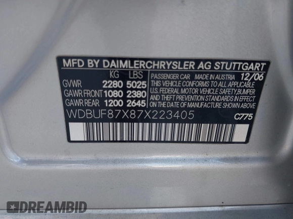 2007 Mercedes-Benz E 350 with VIN WDBUF87X87X223405, listed as a IAAI auction lot 42130506 with 111,028 mi miles and . Bid and sale history available at DreamBid. Image 9.