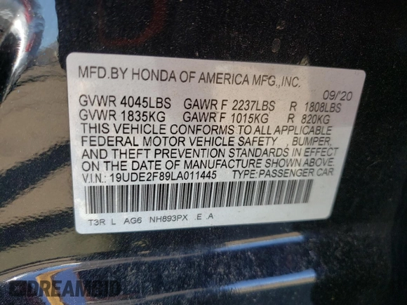 2020 Acura ILX Premium with VIN 19UDE2F89LA011445, listed as a Copart auction lot 53703065 with 48,200 mi miles and Salvage title. Bid and sale history available at DreamBid. Image 12.