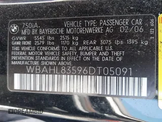 2006 BMW 7 Series 750i with VIN WBAHL83596DT05091, listed as a IAAI auction lot 41920423 with 154,651 mi miles and . Bid and sale history available at DreamBid. Image 9.