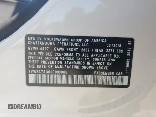 2018 Volkswagen Passat SE with VIN 1VWBA7A38JC030965, listed as a Copart auction lot 56328575 with 72,166 mi miles and Salvage title. Bid and sale history available at DreamBid. Image 12.