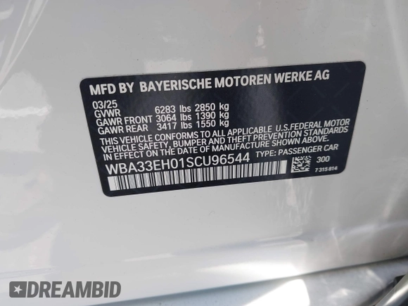2025 BMW 7 Series 740i xDrive with VIN WBA33EH01SCU96544, listed as a IAAI auction lot 42640870 with 4,222 mi miles and . Bid and sale history available at DreamBid. Image 9.