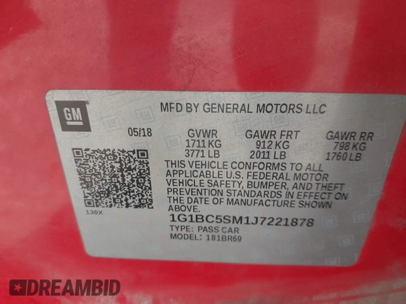 2018 Chevrolet Cruze LS with VIN 1G1BC5SM1J7221878, listed as a IAAI auction lot 41786859 with 90,000 mi miles and . Bid and sale history available at DreamBid. Image 9.
