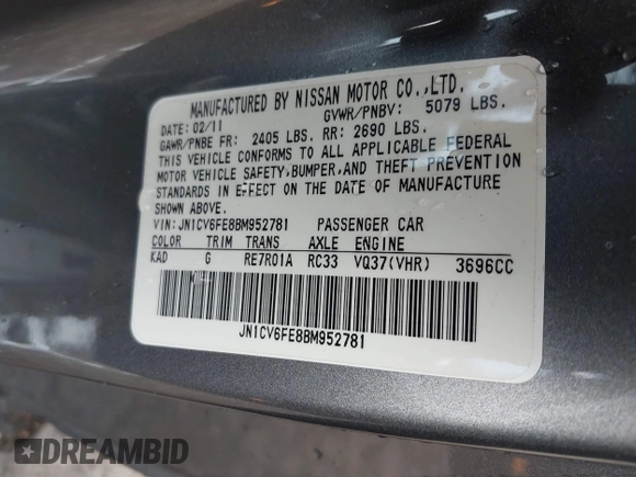 2011 Infiniti G37 with VIN JN1CV6FE8BM952781, listed as a IAAI auction lot 42144510 with 88,126 mi miles. Bid and sale history available at carsss.com. Image 9.