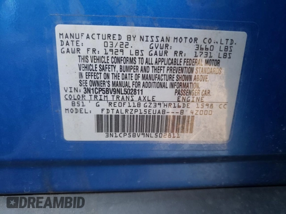 2022 Nissan Kicks S with VIN 3N1CP5BV9NL502811, listed as a Copart auction lot 70958704 with 42,814 mi miles and Salvage Title. Bid and sale history available at carsss.com. Image 15.