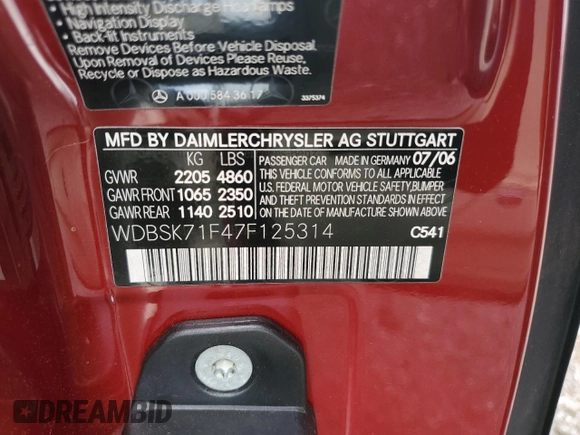 2007 Mercedes-Benz SL 550 with VIN WDBSK71F47F125314, listed as a Copart auction lot 60307285 with 53,051 mi miles and Salvage title. Bid and sale history available at DreamBid. Image 12.