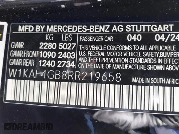2024 Mercedes-Benz C 300 z VIN W1KAF4GB8RR219658, wystawiony jako IAAI lot #41864678 z przebiegiem 7933 mil mil oraz . Historia ofert i sprzedaży dostępna na DreamBid. Obrazek 9.