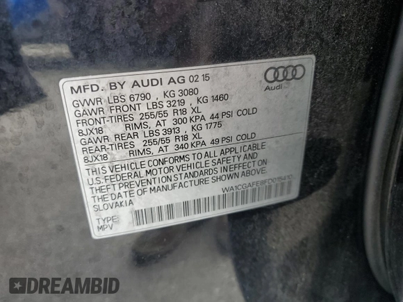 2015 Audi Q7 Premium with VIN WA1CGAFE8FD015410, listed as a Copart auction lot 60880285 with 95,336 mi miles and Salvage title. Bid and sale history available at DreamBid. Image 13.