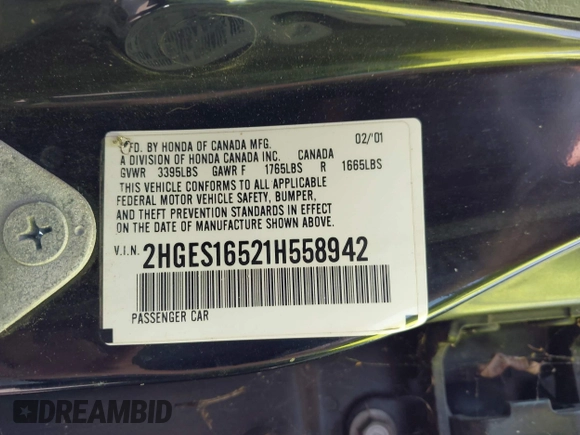2001 Honda Civic LX z VIN 2HGES16521H558942, wystawiony jako IAAI lot #42409480 z przebiegiem 230 909 mil mil oraz . Historia ofert i sprzedaży dostępna na DreamBid. Obrazek 9.