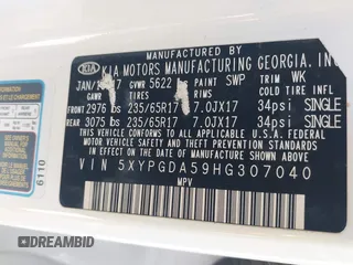 2017 Kia Sorento LX with VIN 5XYPGDA59HG307040, listed as a IAAI auction lot 42125920 with 125,303 mi miles and . Bid and sale history available at carsss.com. Image 9.