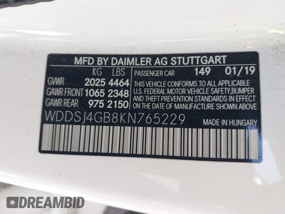 2019 Mercedes-Benz CLA 250 with VIN WDDSJ4GB8KN765229, listed as a IAAI auction lot 42432422 with Not provided miles and . Bid and sale history available at DreamBid. Image 9.