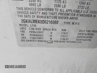 2013 GMC Terrain SLE with VIN 2GKALMEK8D6216080, listed as a IAAI auction lot 42289033 with 217,295 mi miles and . Bid and sale history available at DreamBid. Image 9.