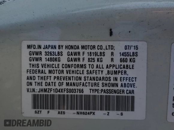 2015 Honda CR-Z with VIN JHMZF1D4XFS003766, listed as a Copart auction lot 70451364 with 87,432 mi miles and Salvage Title. Bid and sale history available at carsss.com. Image 12.