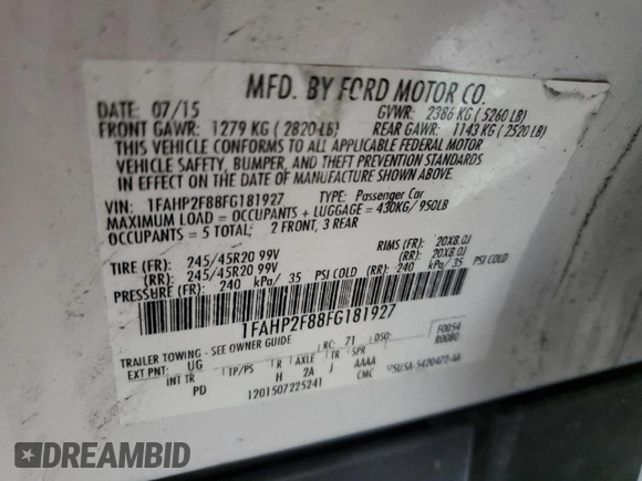 2015 Ford Taurus Limited with VIN 1FAHP2F88FG181927, listed as a Copart auction lot 48257605 with 166,647 mi miles and Salvage Title. Bid and sale history available at carsss.com. Image 14.