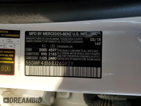 2018 Mercedes-Benz C with VIN 55SWF4JB6JU265829, listed as a Copart auction lot 48413495 with 66,806 mi miles and Salvage Title. Bid and sale history available at carsss.com. Image 12.
