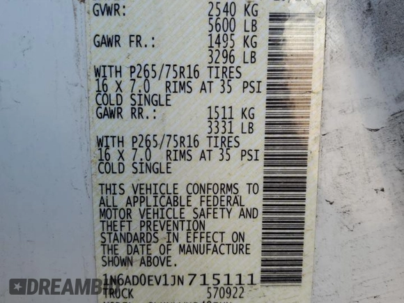 2018 Nissan Frontier Pro-4X with VIN 1N6AD0EV1JN715111, listed as a Copart auction lot 54012255 with 127,409 mi miles and Salvage title. Bid and sale history available at DreamBid. Image 12.