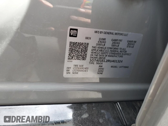 2024 GMC Sierra 1500 with VIN 1GT401EL2RU401324, listed as a Copart auction lot 49891285 with 2,034 mi miles and Salvage Title. Bid and sale history available at DreamBid. Image 12.