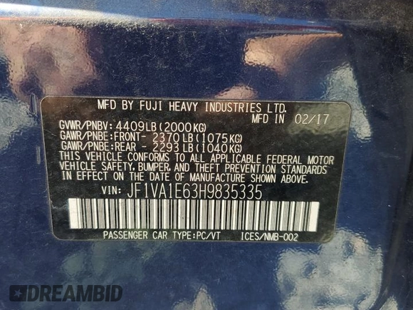 2017 Subaru WRX Premium с VIN JF1VA1E63H9835335, выставлен на аукционе Copart как лот 56746305 с пробегом 83 940 миль миль и Списание • Salvage title. История ставок и продаж доступна на DreamBid. Изображение 12.