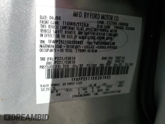 2005 Ford Five Hundred Limited with VIN 1FAFP25115G201932, listed as a Copart auction lot 78712534 with 0 mi miles and Salvage Title. Bid and sale history available at carsss.com. Image 14.