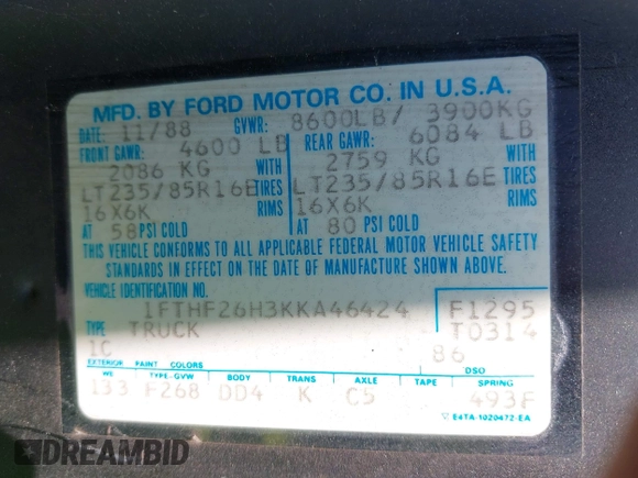 1989 Ford F-250 с VIN 1FTHF26H3KKA46424, выставлен на аукционе IAAI как лот 42475383 с пробегом 20 408 миль миль и . История ставок и продаж доступна на DreamBid. Изображение 9.
