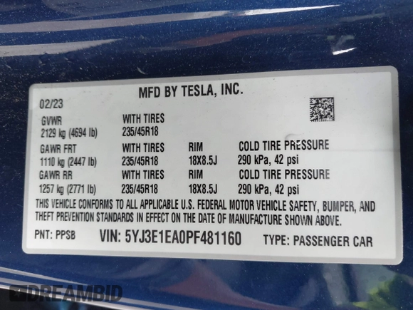 2023 Tesla Model 3 z VIN 5YJ3E1EA0PF481160, wystawiony jako IAAI lot #42704086 z przebiegiem 23 308 mil mil oraz . Historia ofert i sprzedaży dostępna na DreamBid. Obrazek 9.