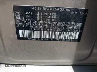 2019 Subaru Legacy Premium with VIN 4S3BNAH61K3038105, listed as a IAAI auction lot 42021989 with 61,710 mi miles and . Bid and sale history available at DreamBid. Image 9.
