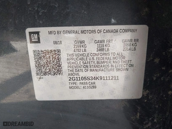 2019 Chevrolet Impala Premier with VIN 2G1105S34K9111211, listed as a IAAI auction lot 41792519 with 1 mi miles. Bid and sale history available at carsss.com. Image 9.